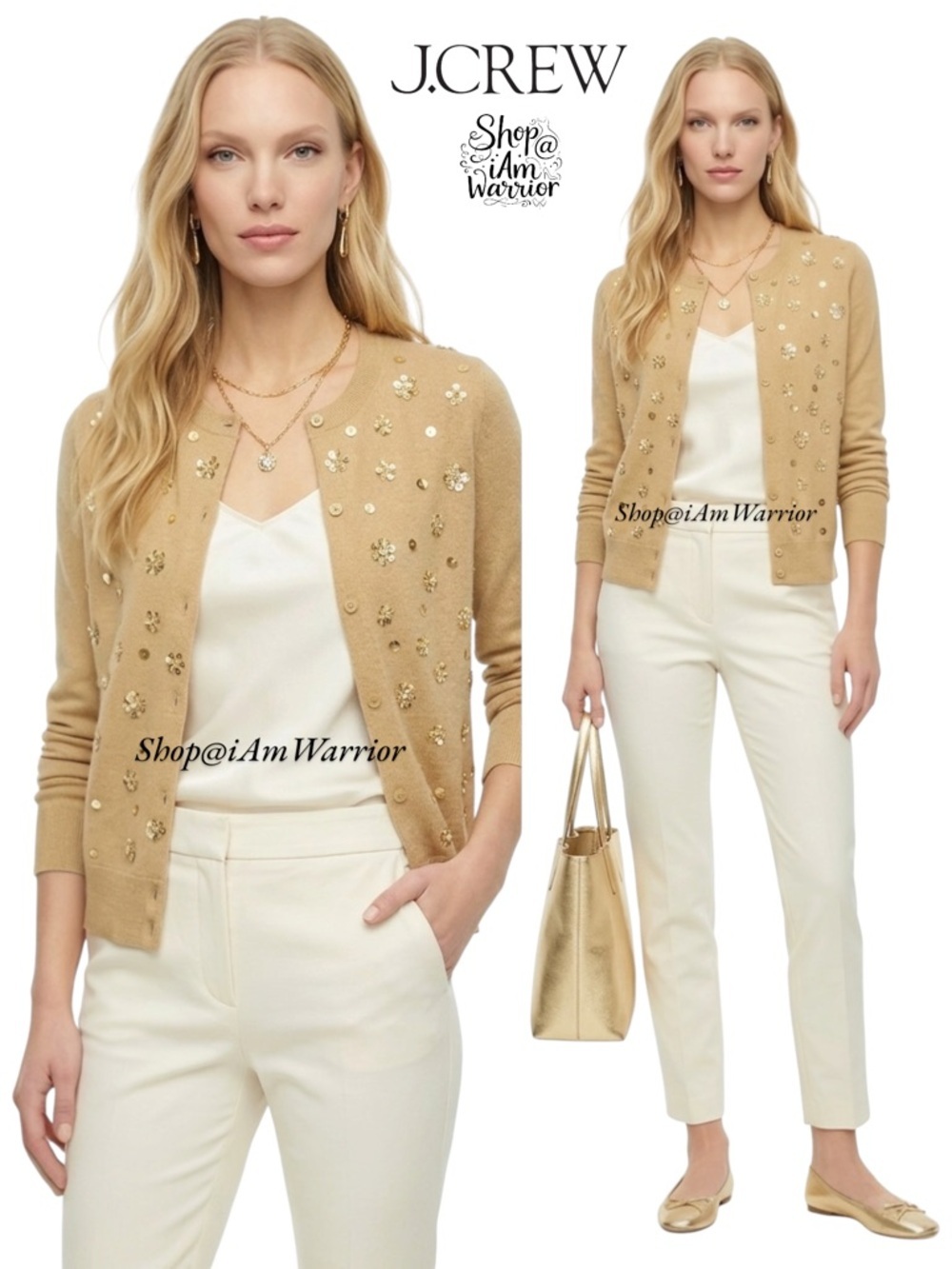 J.Crew NWT tan jeweled embellished crewneck cotton cardigan *shop@iamwarrior